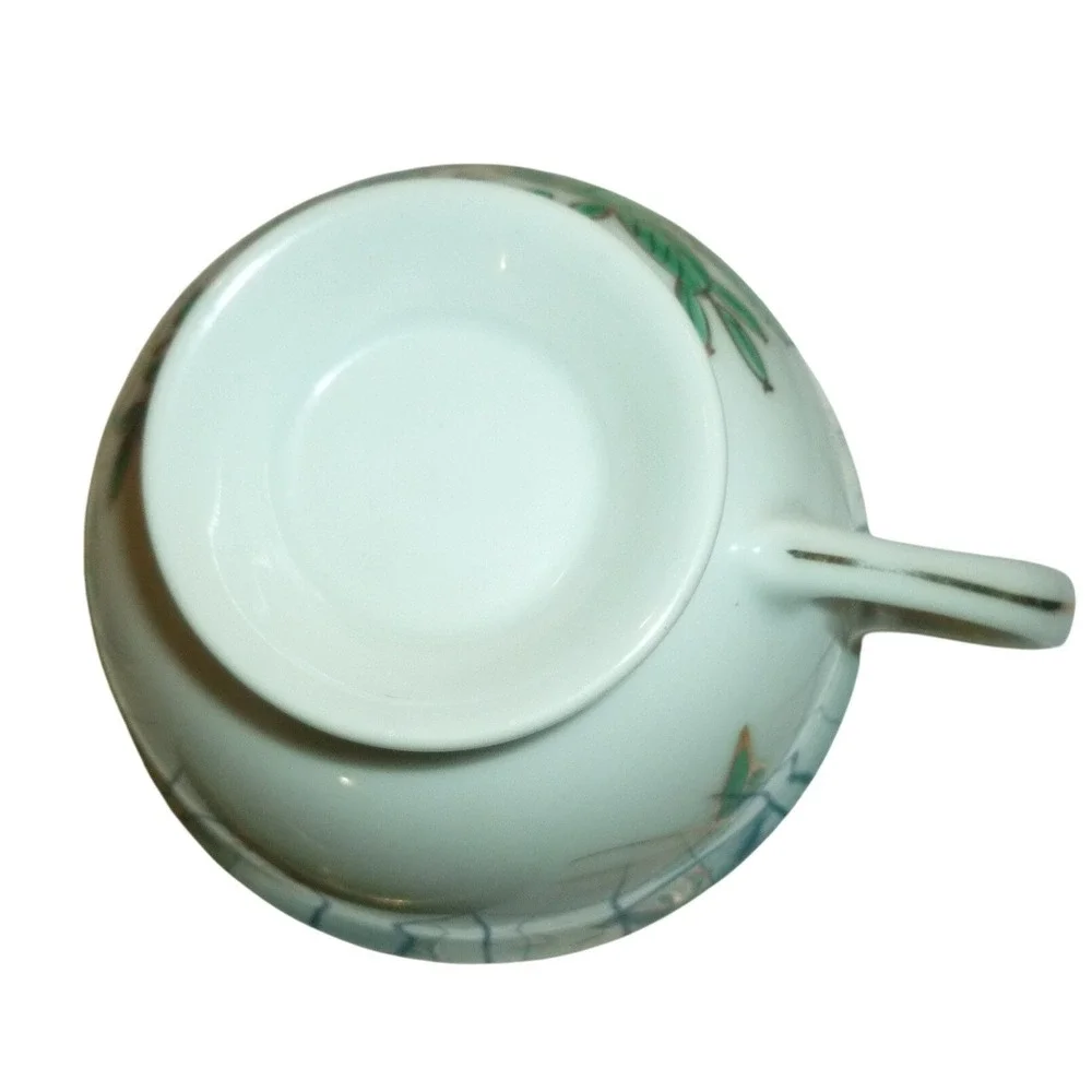 Vintage Chinese Famille Verte Style Teacup & Saucer Green Phoenix Bird Gold Gilt
